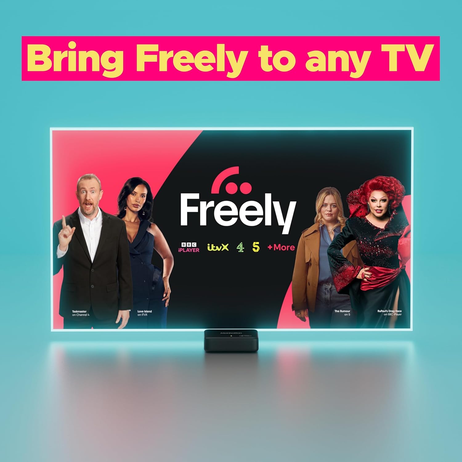 Freely TV streaming device interface showing live channels and on demand streaming features