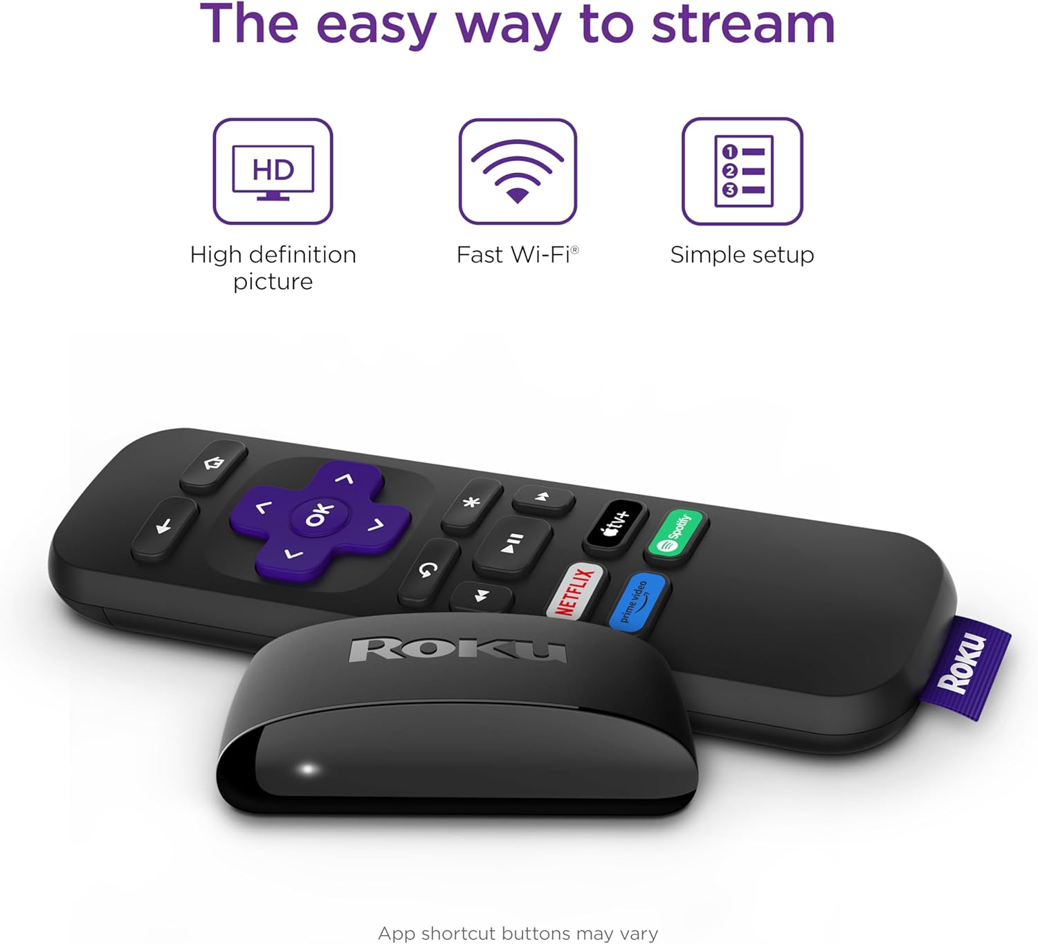 Roku HD streaming device displaying home screen with apps and channels on TV
