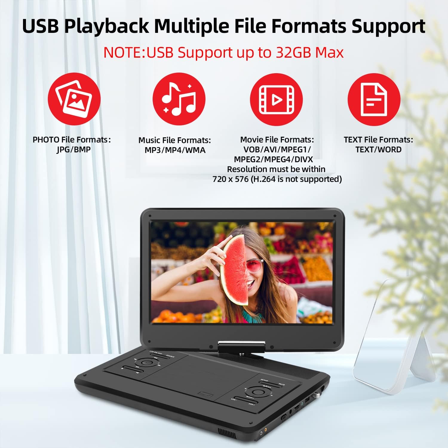 KCR travel DVD player with built-in screen for portable movie playback in HD