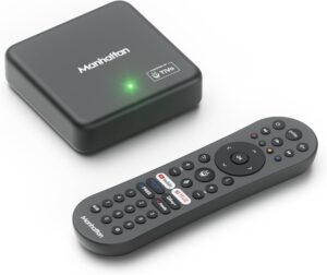 Manhattan Aero 4K TV streamer connected to television for ultra HD streaming and apps