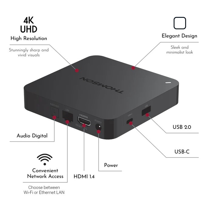 Thomson budget-friendly 245 streaming box with 4K HDR
