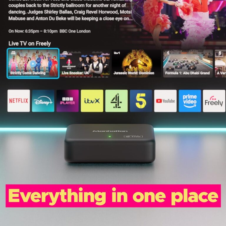 TiVo OS streaming box connected to TV displaying apps and 4K streaming interface