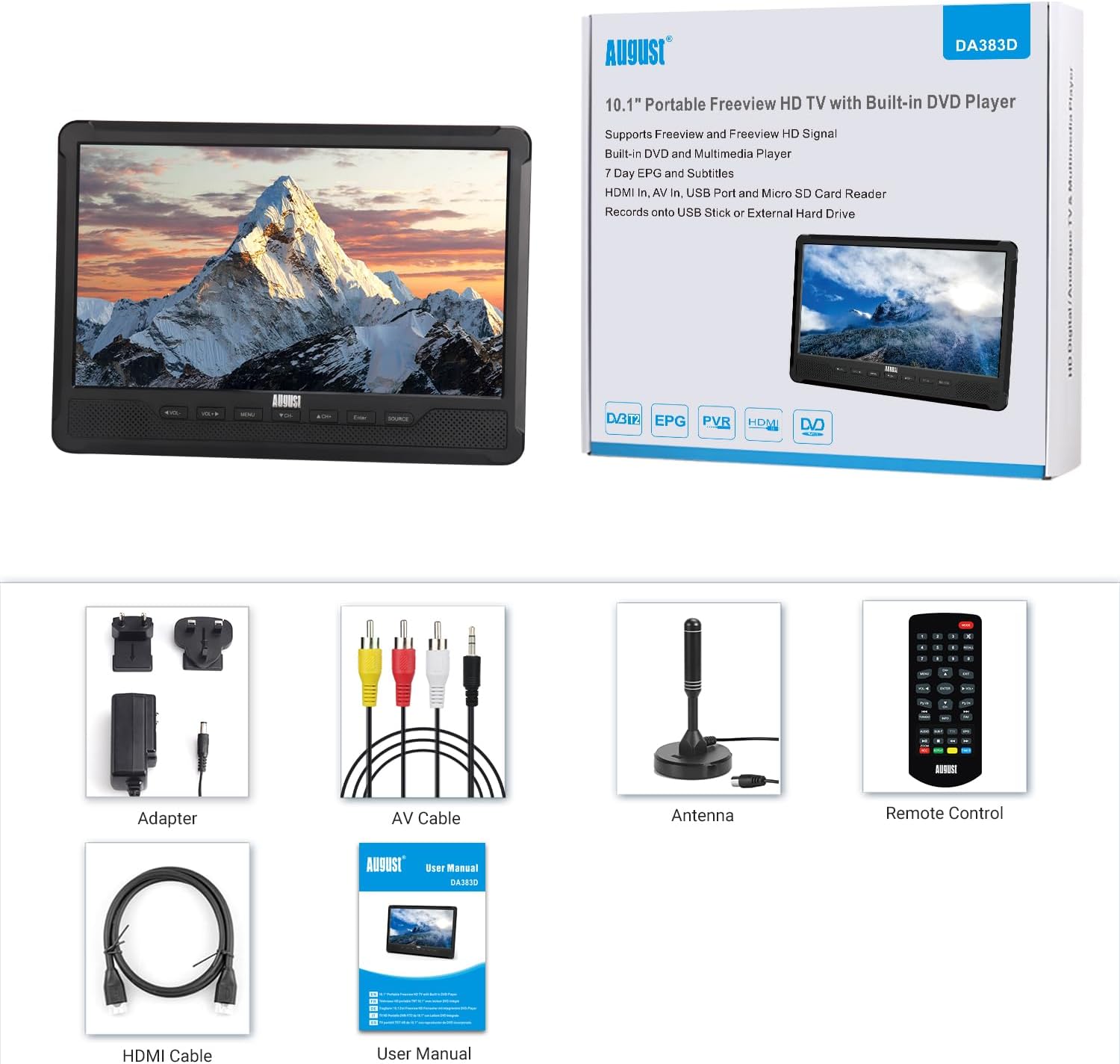 purchase August DA383 portable TV DVD combo online for travel and home use