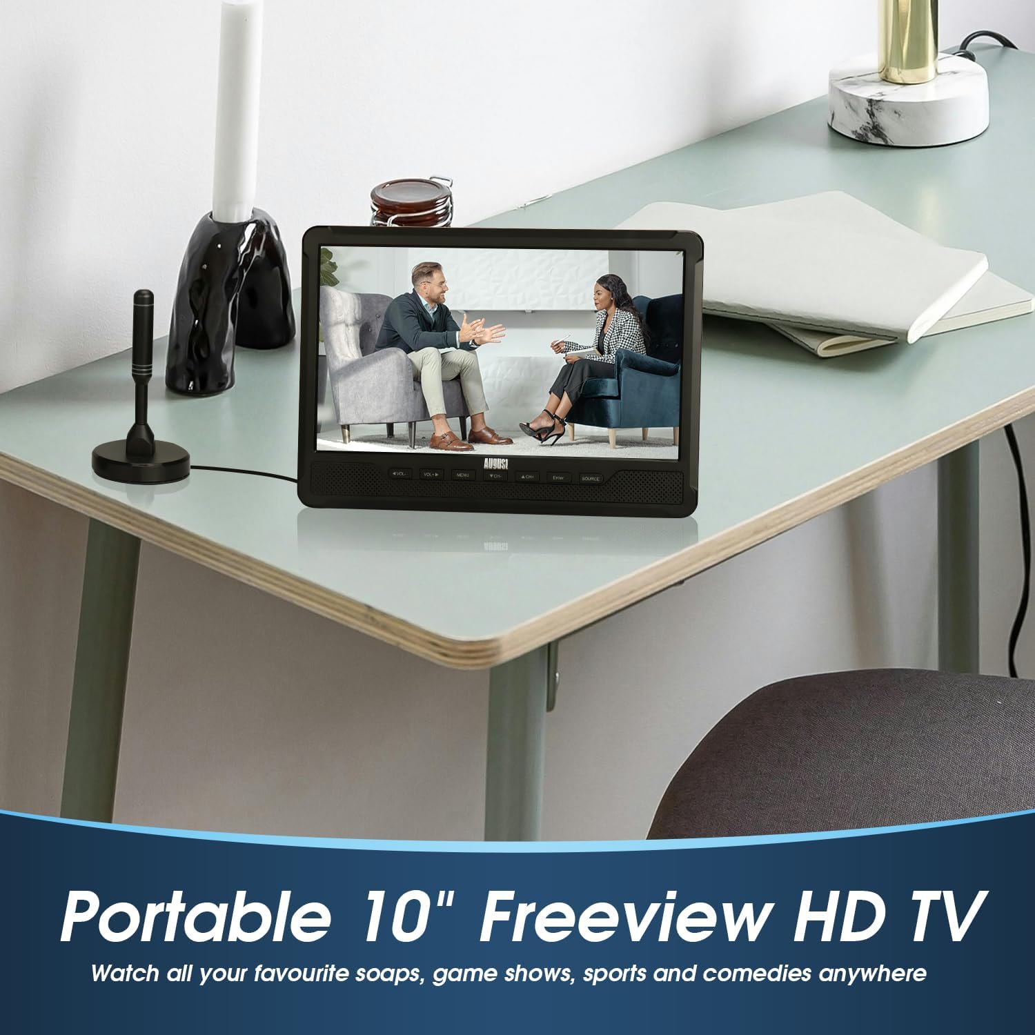 Freeview HD portable mini TV showing live channels on compact screen