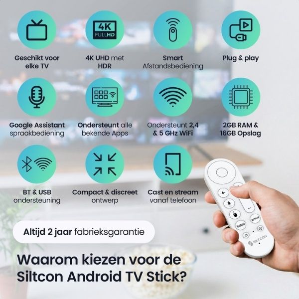 Siltcon Android TV Dongle 4K UHD Streaming Stick Aansluitingen en Verpakking